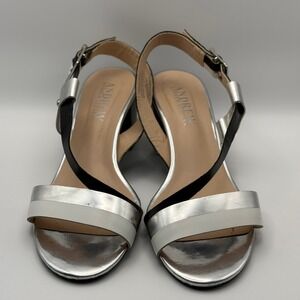 Andrew Stevens Sofia Sandals 6.5 M Silver Black Leather Asymmetric Block Heel